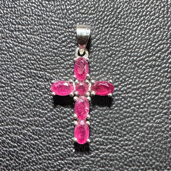 Natural Ruby 925 Sterling Silver Cross Pendant - Picture 3 of 9